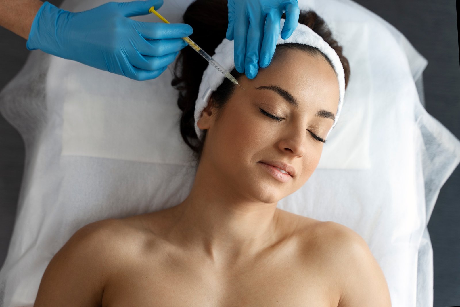 Beautiful woman during facial mesotherapy for smoothing of mimic wrinkles with beautician